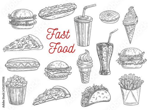 Fast food sketch vector icons of burgers, sandwiches, hot dogs, desserts and snacks. Fastfood hand drawn pizza, cheeseburger, takeaway soda drink glass, Mexican taco and popcorn, fries and donut