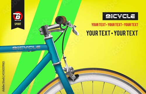Bicycle advertising poster color modern sport health yellow. Bicycle frame realistic vector. Summer posters set - bike riding activities. Forests, trees and hills on background. Print template.