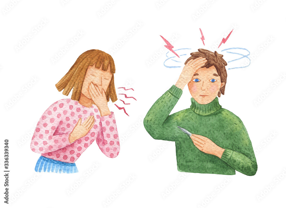 People got flu symptoms including dizzy, cough and fever, COVID19 illustration. Watercolor