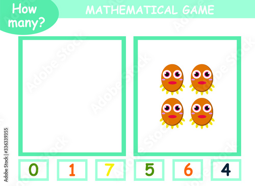 educational page with mathematical games for children. how many cute monsters on a page, circle the correct number photo