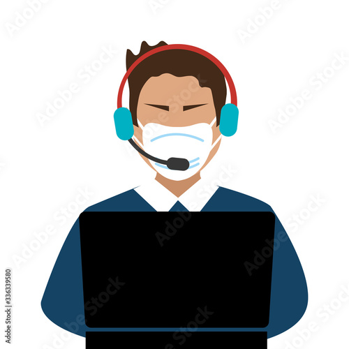 man agent call center with face mask vector illustration design