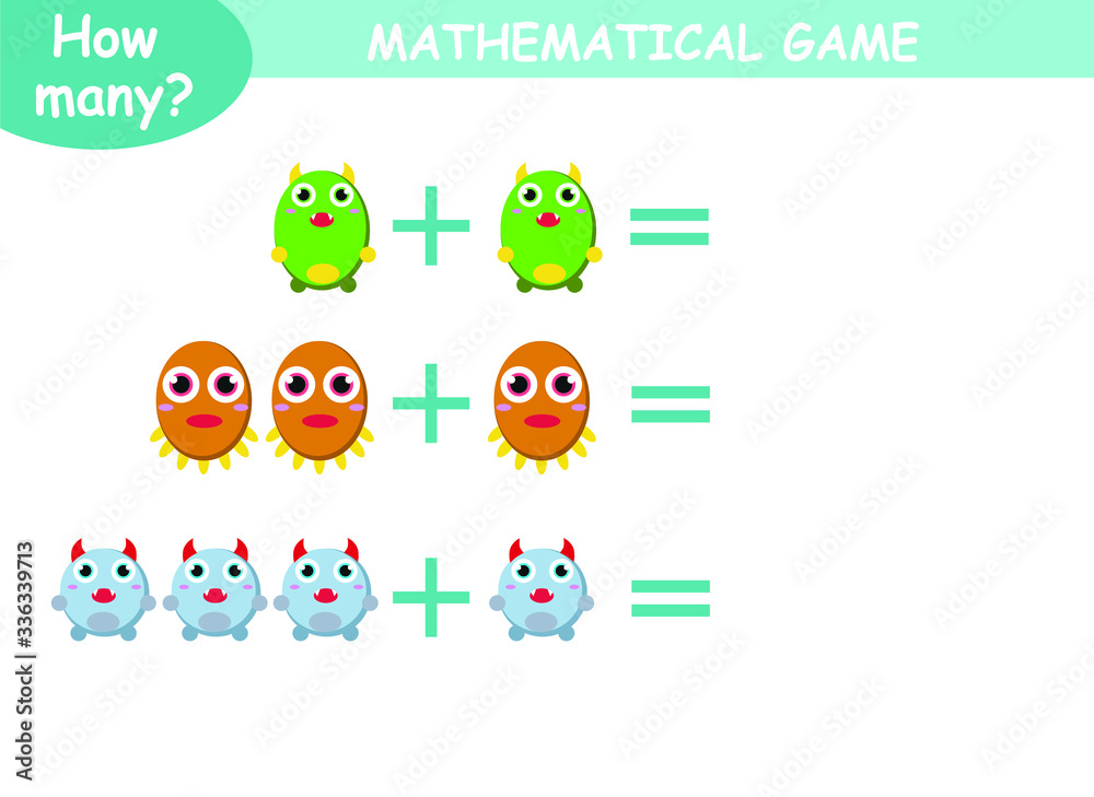 examples of addition and subtraction with cute monsters. educational page with mathematical examples for children.