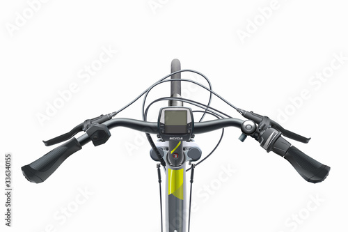 Bicycle sports steering wheel. View from above. Realistic vector. Mountain bike for city and mountain riding. Bicycle handlebar with brakes, cables, sensors.