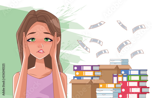 woman with imsomnia stress symptom and pile documents