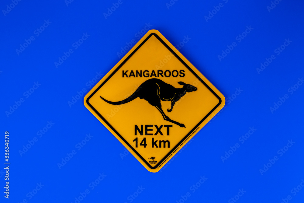 yellow warning sign kangaroo from australia on a blue background yellow warning sign kangaroo from australia on a blue background
