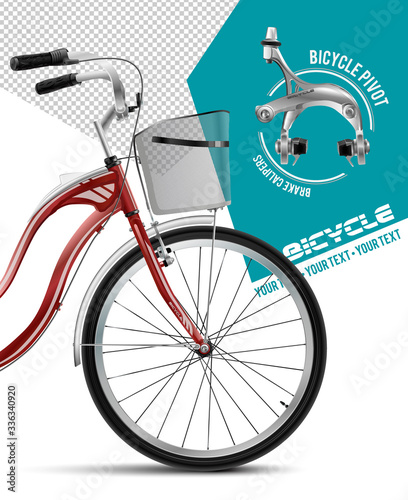 Bicycle with a basket. Bicycle Dual Pivot Brake Calipers Silver. Isolated City Bike With Basket and Carrier in frame. Classic City Bike. Beach cruiser with basket. City old retro vintage bicycle.

