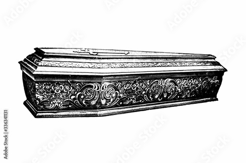 COFFIN hand carved - Original Vintage 1880s Victorian age illustration