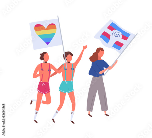 People on pride parade holding rainbow and transgender flags isolated on white background