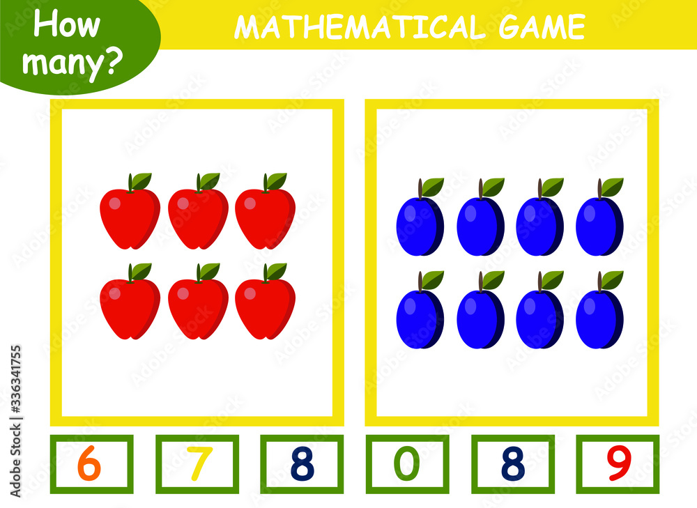 Educational page with mathematical games for children how many fruits