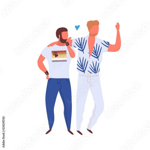 Homosexual couple on pride parade isolated on white