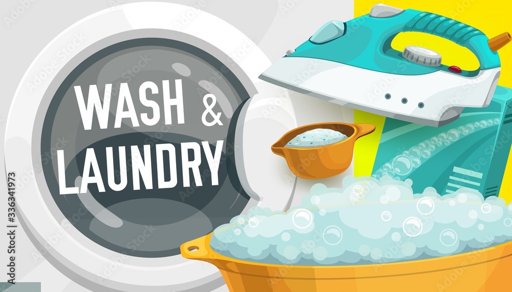 Laundry service vector design of washing machine and detergent powder, iron, plastic wash basin and soap bubbles. Household appliances and cleaning products, laundromat or self service laundry themes
