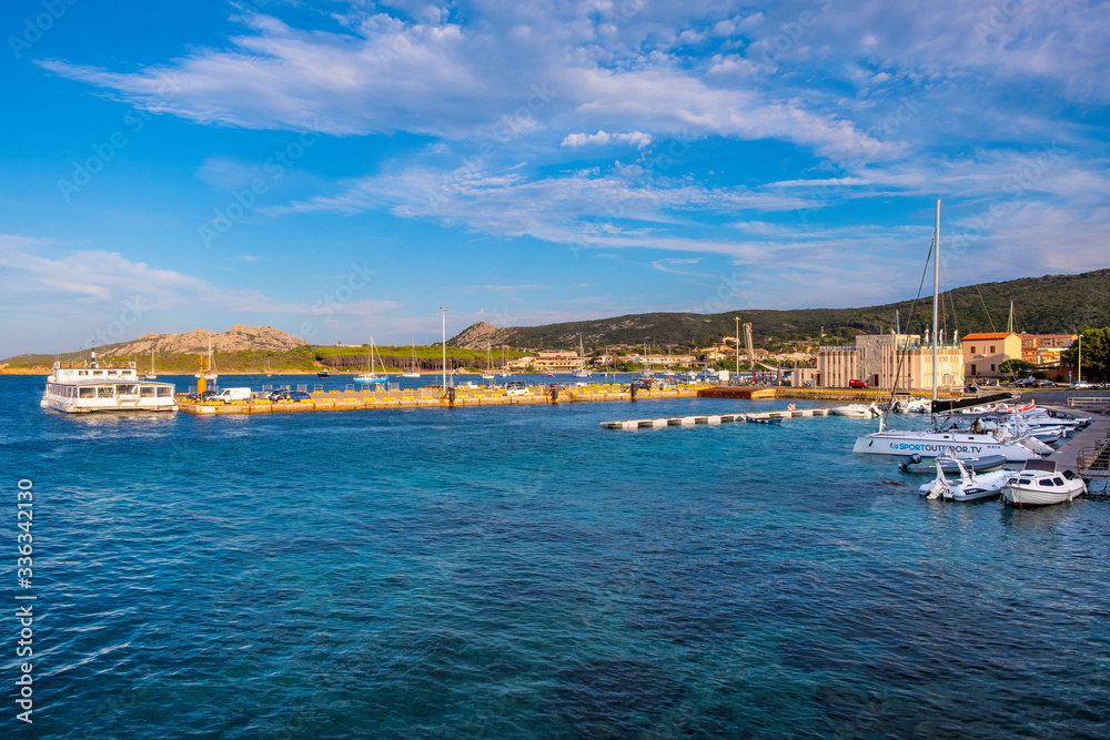 Palau, Italy - Panoramic view of touristic yacht port and marina - Porto Turistico Palau - with yachts pier and at the Costa Smeralda coast of Tyrrhenian Sea