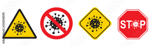 SARS-CoV-2 coronavirus (2019-nCoV)  causes disease Covid-19  typography design concept prohibit sign set.  Vector illustration for poster, banner, flyer