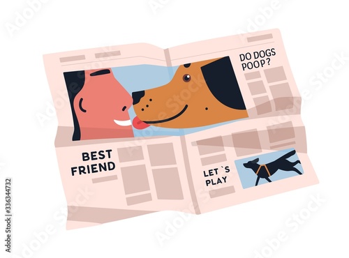 Creased newspaper isolated on white background. Periodical paper with various articles about dogs. Printed media sheet with pictures. Vector illustration in flat cartoon style