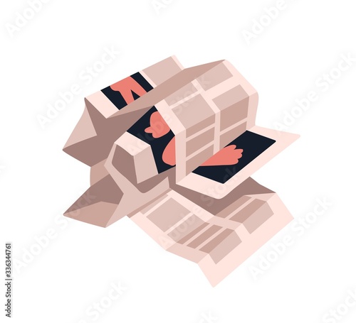 Crumpled newspaper pages isolated on white background. Creased magazine sheets with images. Wrinkled up broadsheet. Paper waste. Vector illustration in flat cartoon style