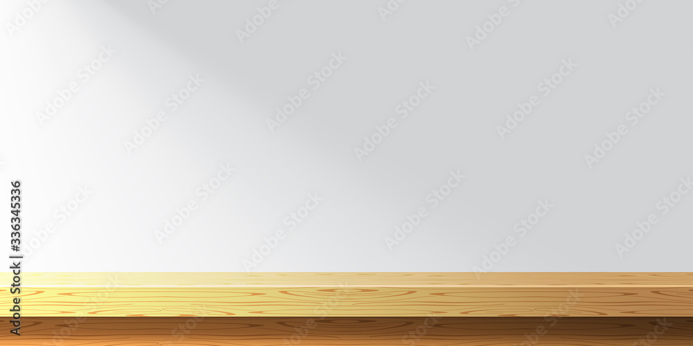 wood plank empty and sunlight on wall grey, front view and copy space, blank table top wooden brown for decoration room, vintage wood plank for background, wooden table on grey wall at morning time