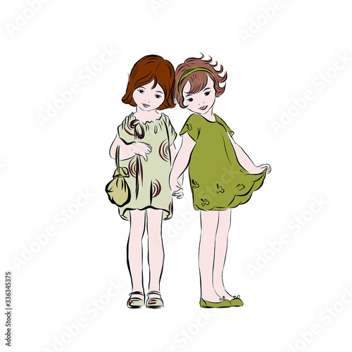 Little happy girlfriends in retro style dressed in dress stand together and hold hands. 