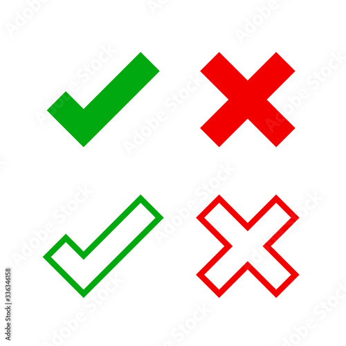 check mark and x for confirm and deny icon simple, red green checkmark isolated on white, check list button flat for apps and websites symbol, icon minimal for tick choice, checkbox button for choose