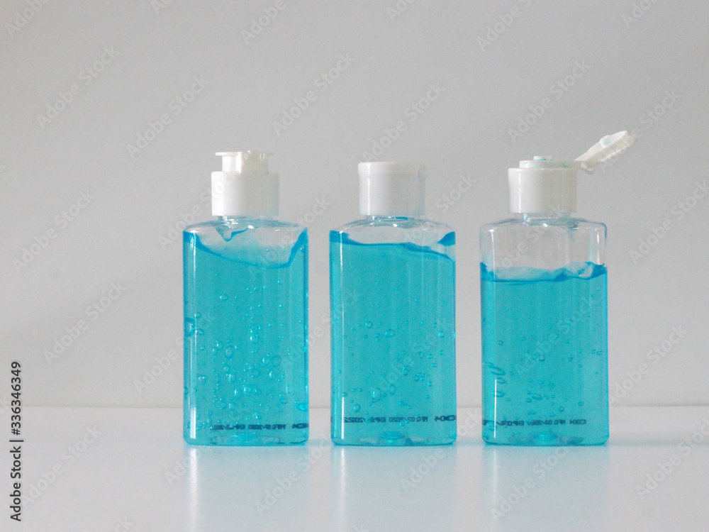 Hand Sanitizer, gel alcoholic mixture with gelatin in clear Plastic