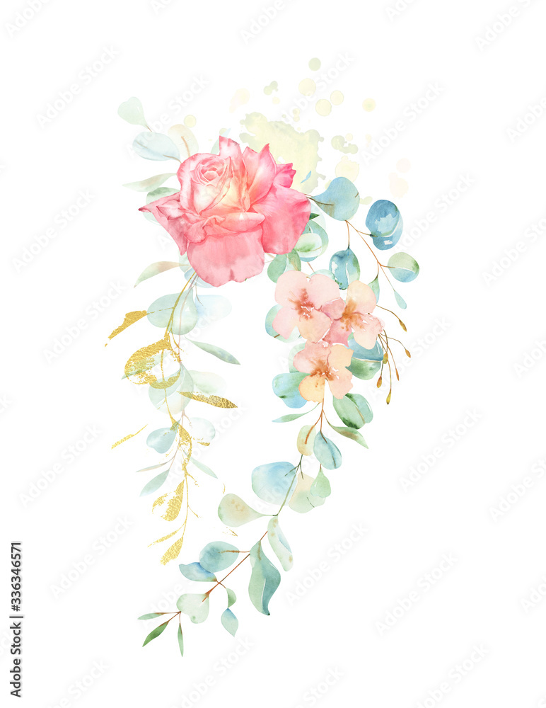 Watercolor Protea and Eucalyptus wedding clipart. Tropical Wedding Frames and Arrangements. Floral wedding invitation with gold elements