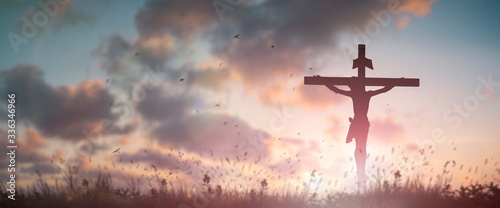 Fotografija Silhouette Jesus christ death on cross crucifixion on calvary hill in sunset good friday risen in easter day concept for Christian praise for holy spirit religious God, Catholic praying background