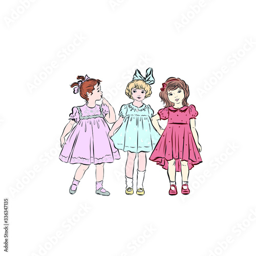 Beautiful little girls on white background. Positive friends standing together. Happy children. Youth lifestyle. Healthy baby. Fun childhood moment. 