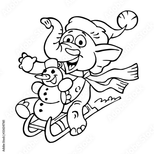 Elephant with santa hat and scarf with little snowman rides on sledge and waving for greeting, winter sports, black and white cartoon