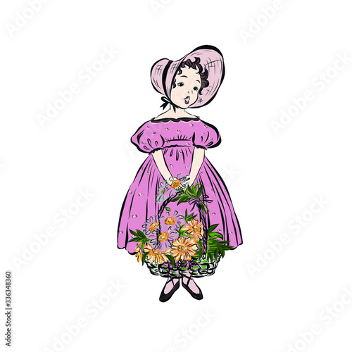 Young lady in vintage style from the nineteenth century holds basket with bouquet of flowers.
