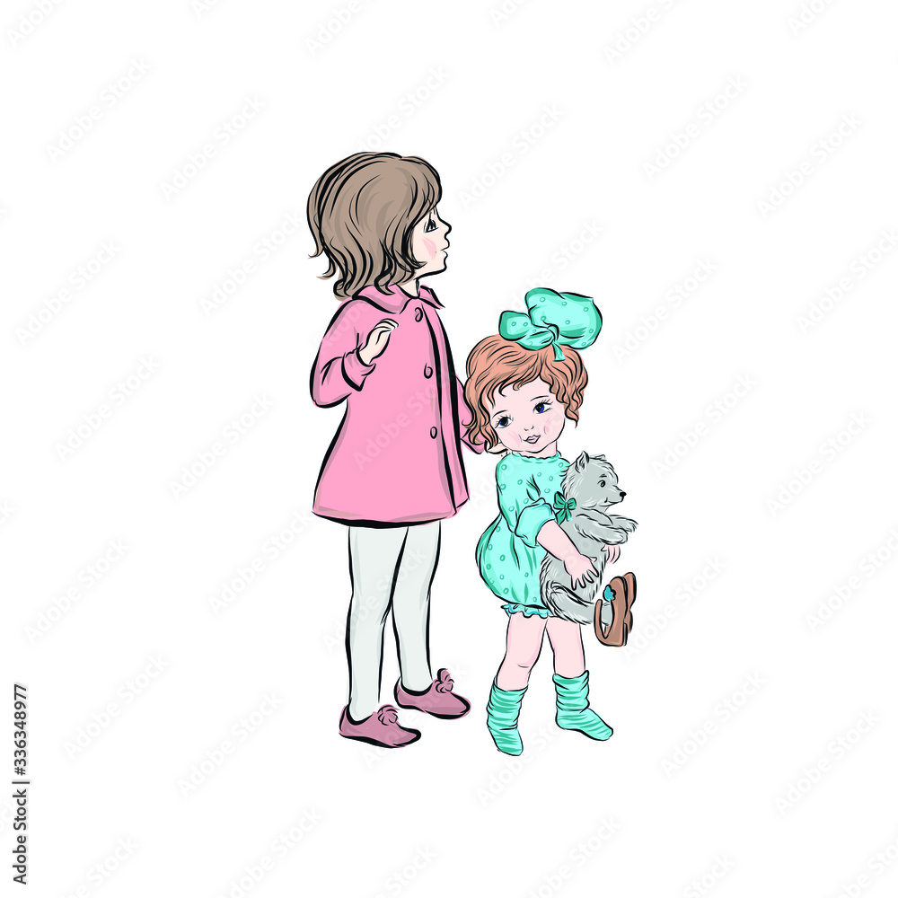 Beautiful little girls on white background. Positive friends standing together. Happy children. Youth lifestyle. Healthy baby. Fun childhood moment. Beautiful little girls on white background. Positive friends standing together. Happy children. Youth lifestyle. Healthy baby. Fun childhood moment.