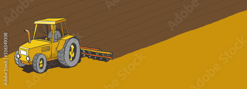 Tractor plows the land. Agricultural farming field landscape. Plowed earth. Brown dirt. Spring soil. Copy space. Vector illustration.