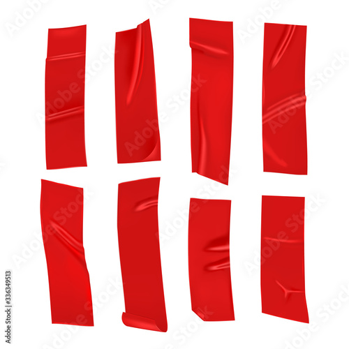 Red duct tape set. Realistic red adhesive tape pieces for fixing isolated on white background. Scotch paper glued. Realistic 3d vector illustration