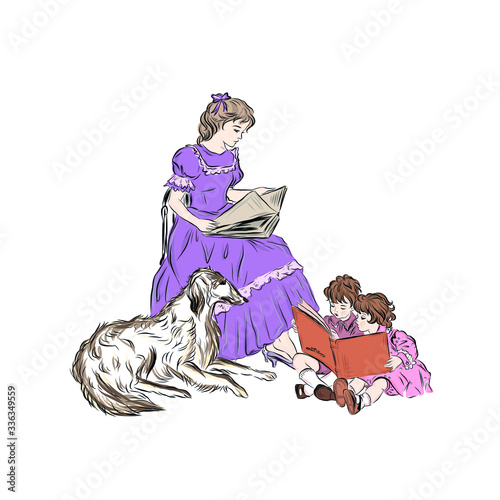 Mothers Day. Woman with her twins children reads books. Baby sitter in kindergarten. Dog guards the hostess's family. Vintage people. Hand drawn clip art. Happy childhood. 