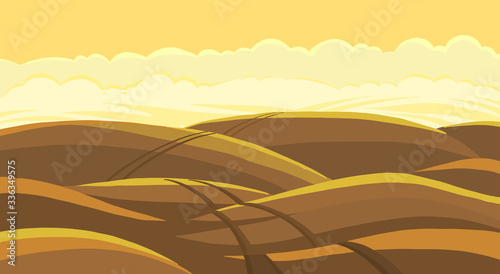 Arable field landscape. Plowed tillage. Brown dirt. Spring soil. Dust field track road. Copy space. Vector illustration.