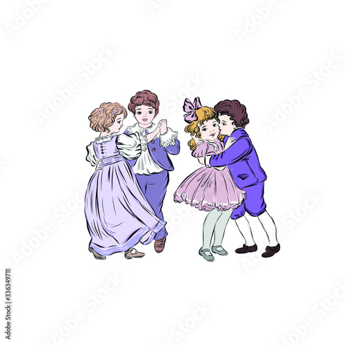 Ball dances. Boys dance with girls. Gentlemen in suits and mademoiselles in ball gowns in the style of the nineteenth century. People in vintage style. 