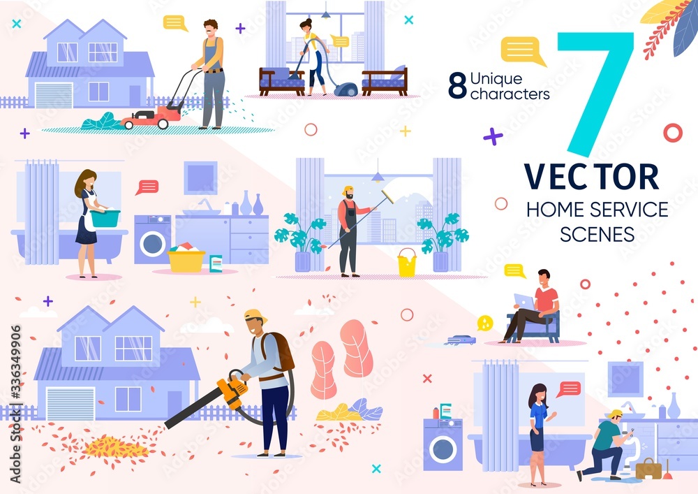 House Cleaning, Repair Service Employees Work Scenes Trendy Flat Vector Set. Female, Male Workers Characters Mowing Lawn, Vacuuming Carpet in Apartment, Removing Leaves, Repairing Pipes Illustrations