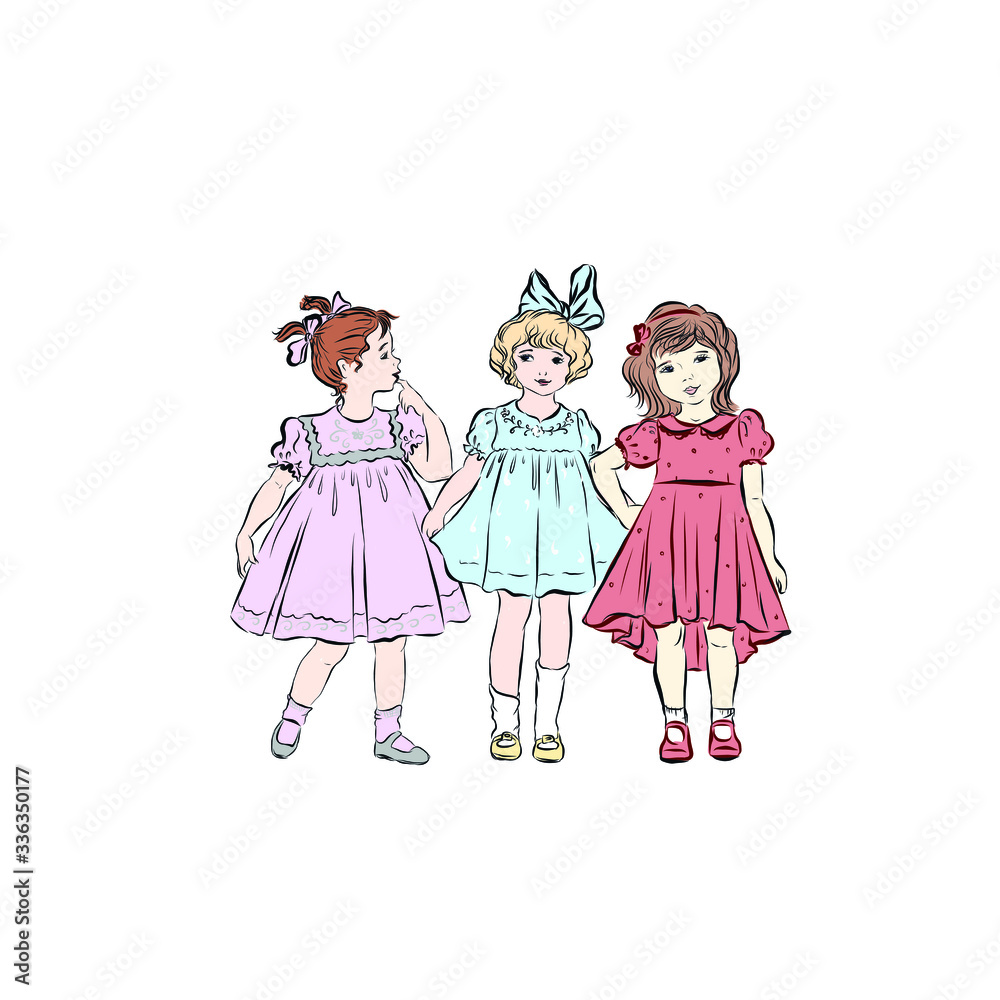 Little girlfriends in retro style standing together. Little girlfriends in retro style standing together.