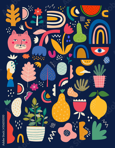 Collection of colorful doodles with summer fruits lemon, pear, flowers and leaves	
