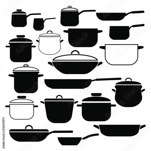 Vector set of kitchen utensils icons. Collection pots and pans with lids.