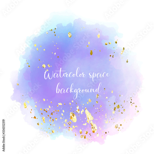 Purple watercolour stain in watercolor style on white background. Golden light decoration. Shiny magic star Abstract background isolated on white.