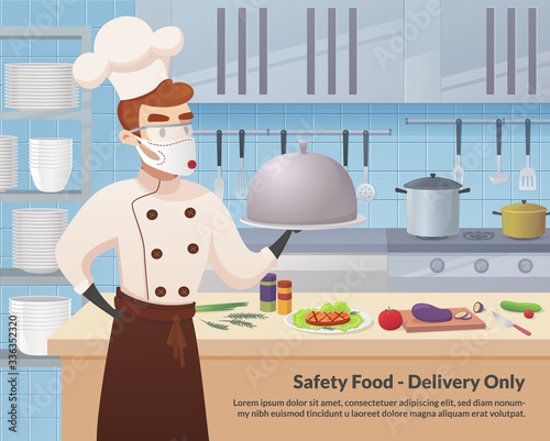 Banner Illustration Safety Food - Delivery Only. Commercial Kitchen with Cartoon Characters Chef Cook Dish Dinner. Vector Restaurant Kitchen with Culinary Staff Holding Round Cloche Tray with Food.
