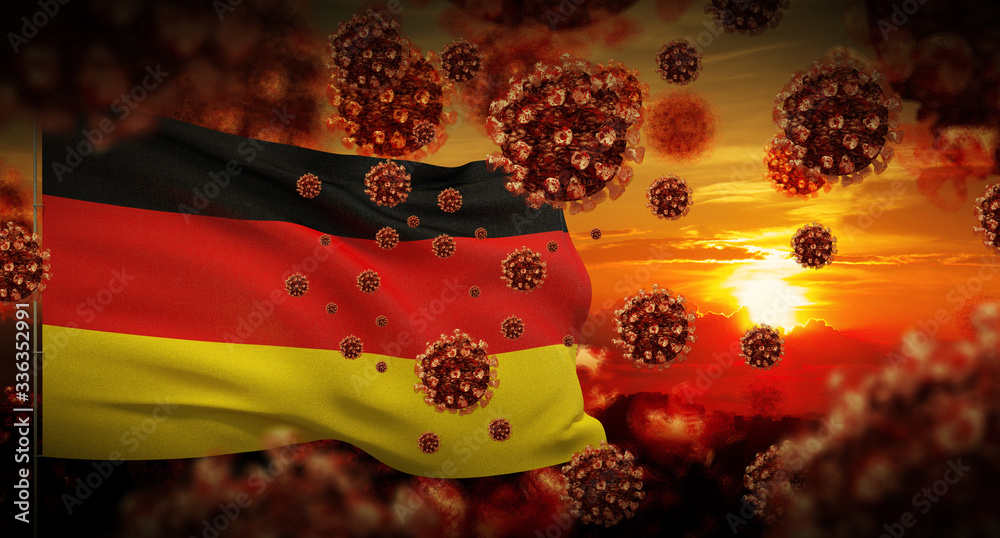 COVID-19 Coronavirus 2019-nCov virus outbreak lockdown concept concept with flag of Germany. 3D illustration.
