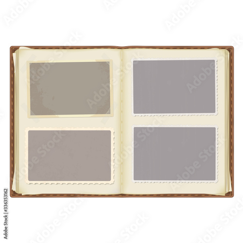 an old open photo album in a leather cover. photo templates with patterned edges in the grunge style. the corners are fixed with tape. isolated on a white background © pal1983