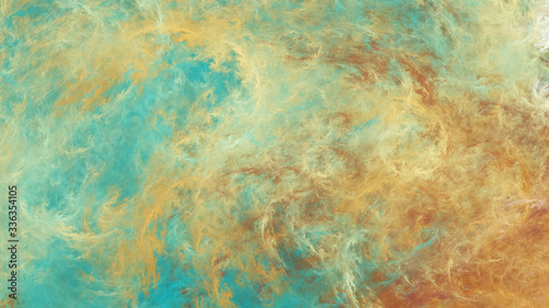 Abstract turquoise and yellow fantastic clouds. Colorful fractal background. Digital art. 3d rendering.