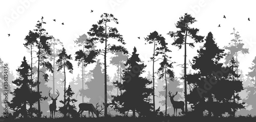horizontal seamless vector illustration. Pine forest with animals. You can remove deer or birds - they are isolated © kozerog2015