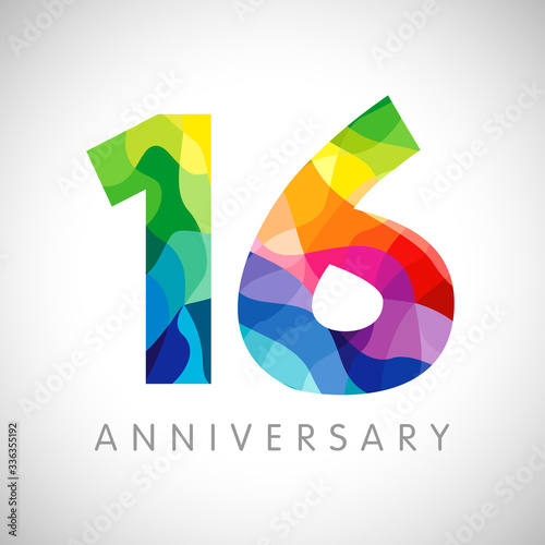 16 th anniversary numbers. 16 years old logotype. Bright congrats. Isolated abstract graphic web design template. Creative 1, 6 3D digits. Up to 16%, -16% percent off discount. Congratulation concept.