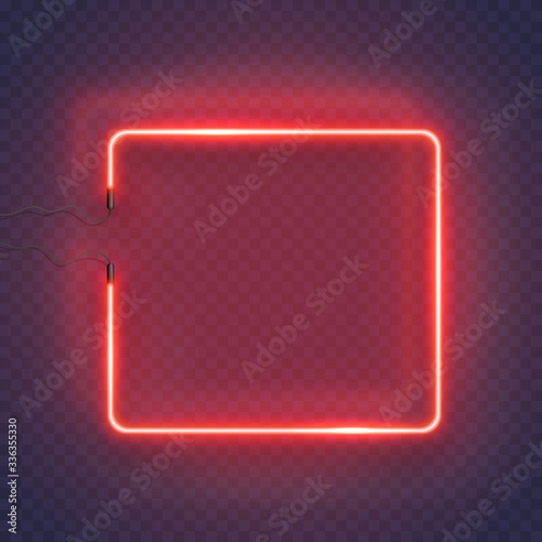 Neon rectangle lamp wall sign isolated on transparent background. Vector red power glowing bulb banner, light line border or square frame.