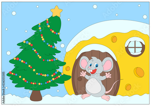 Funny cartoon rat  cheese house and Christmas tree