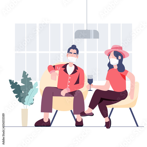 Group of people wearing masks gathering during coronavirus covid-19 outbreak. Social distancing concept. Health care and medical Flat character.