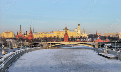 View of winter Moscow - embankment of Moscow River, bridge and Kremlin