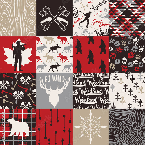 Wildlife wood plaid and Lumberjack symbols and silhouettes collection abstract vector seamless pattern 